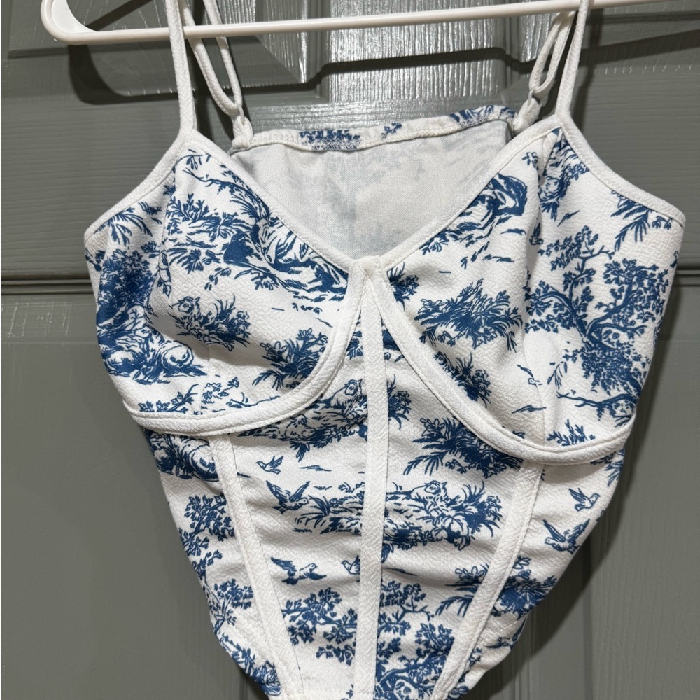 SHEIN White and Blue Toile Print Two-Piece Skirt Set